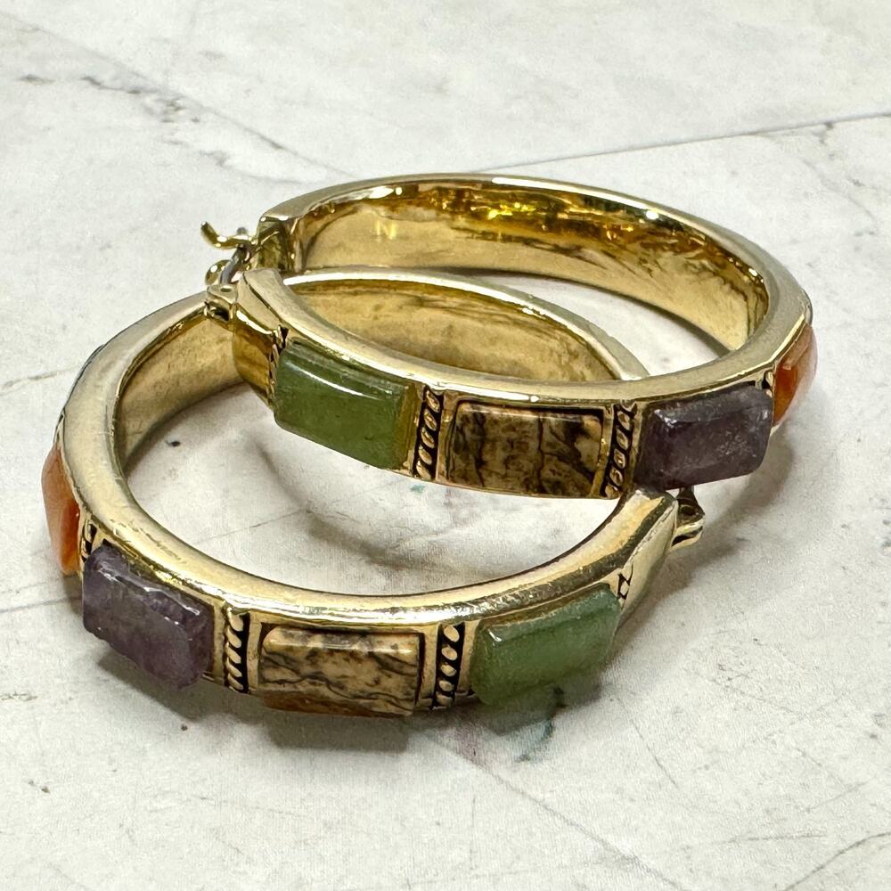 Vintage Monet Earrings Inlaid Glass Stones Gold Tone Hoops 1.25" Colorful EUC - Picture 5 of 7